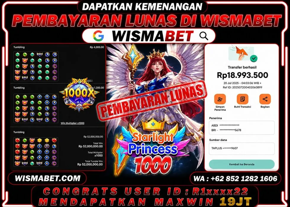 Wismabet - BUKTI KEMENANGAN Starlight Princess 1000 Rp19,000,000,- LUNAS